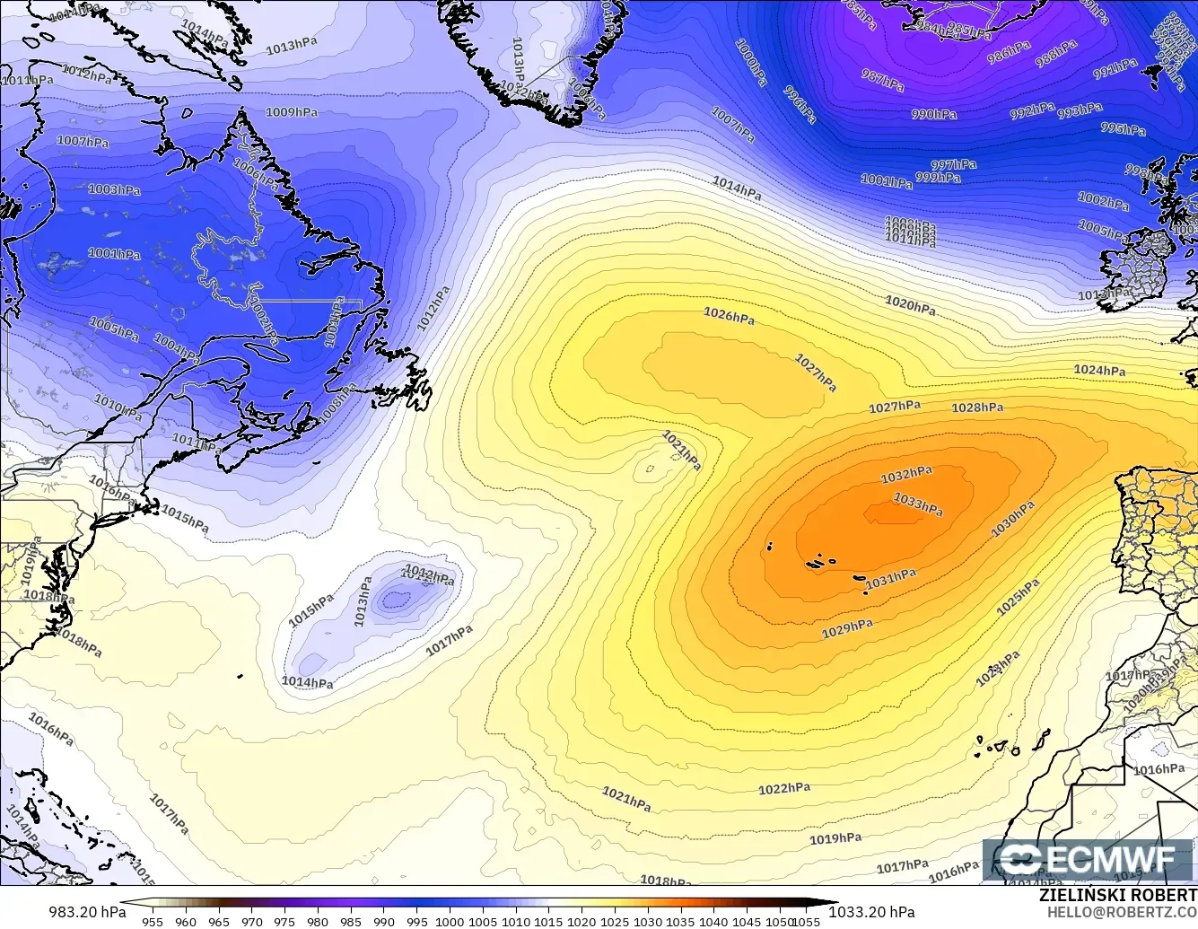 ECMWF IFS 0.25° modelo - Norte Atlántico, Presión