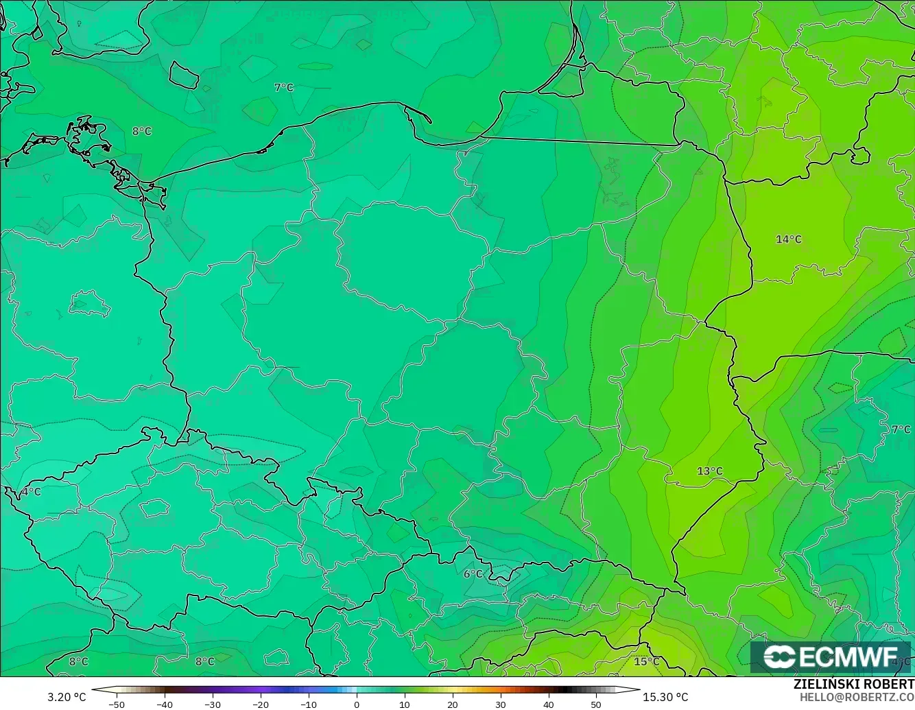 ECMWF IFS 0.25° modelo - Polonia, Punto de rocío a 2 m
