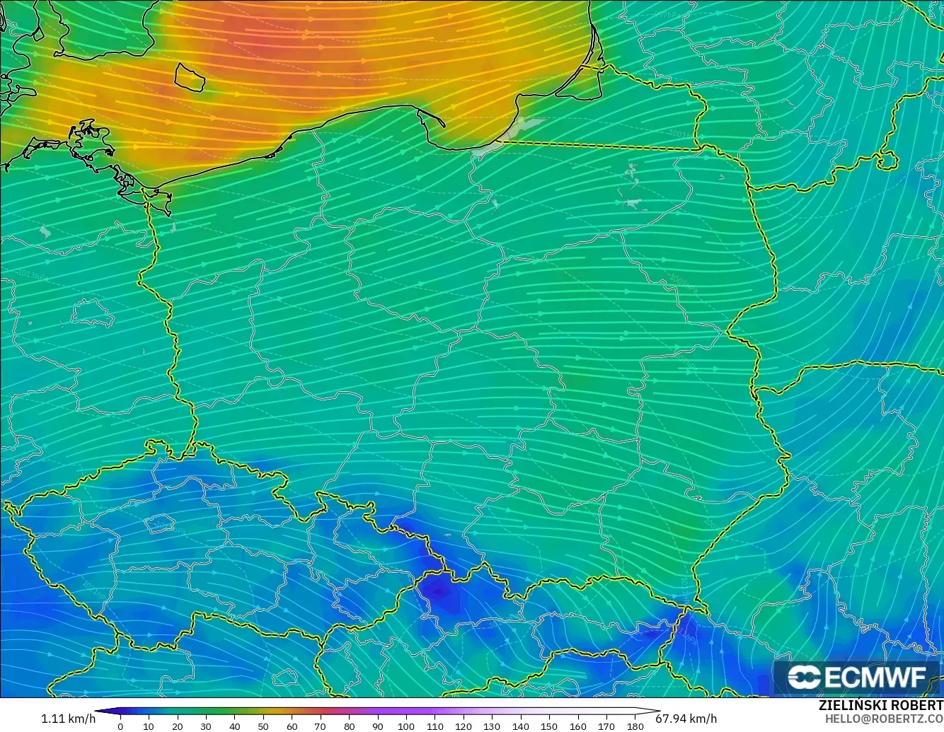 ECMWF IFS 0.25° modelo - Polonia, Viento a 10 m