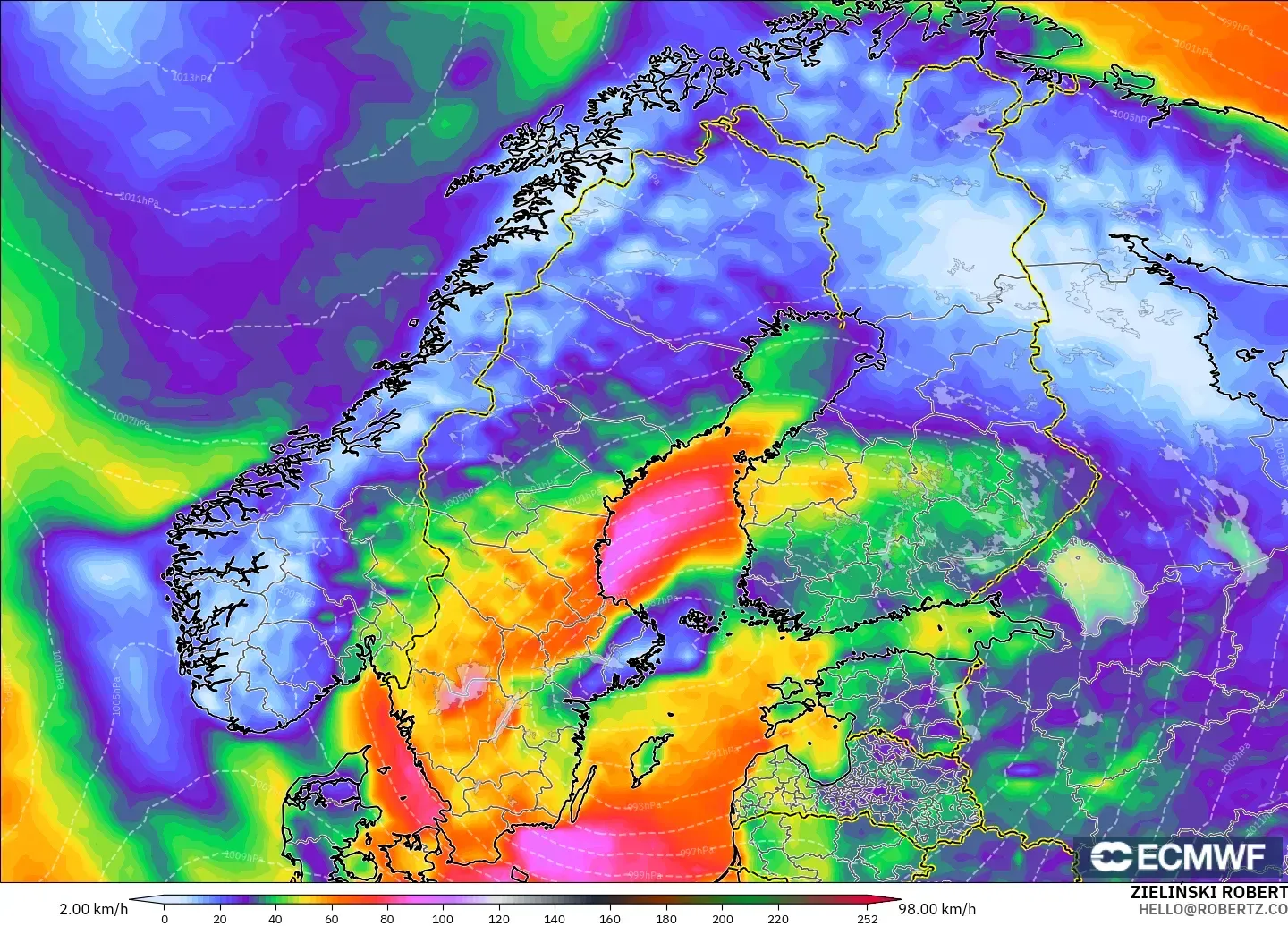 ECMWF IFS 0.25° modelo - Escandinavia, Ráfagas de viento