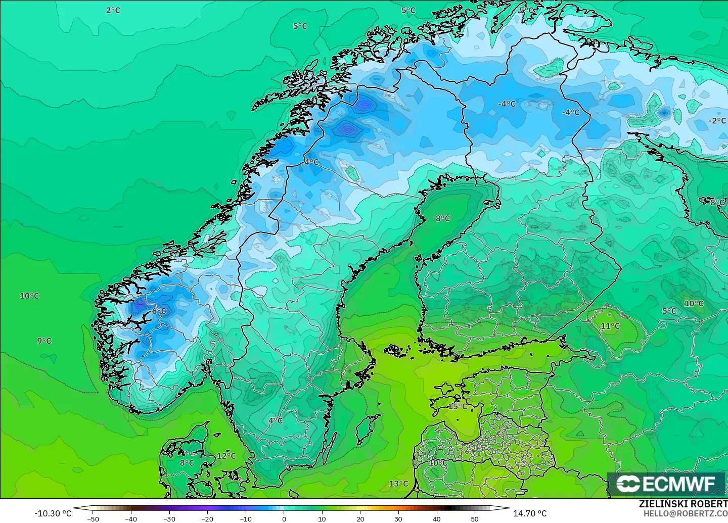 ECMWF IFS 0.25° modelo - Escandinavia, Temperatura a 2 m