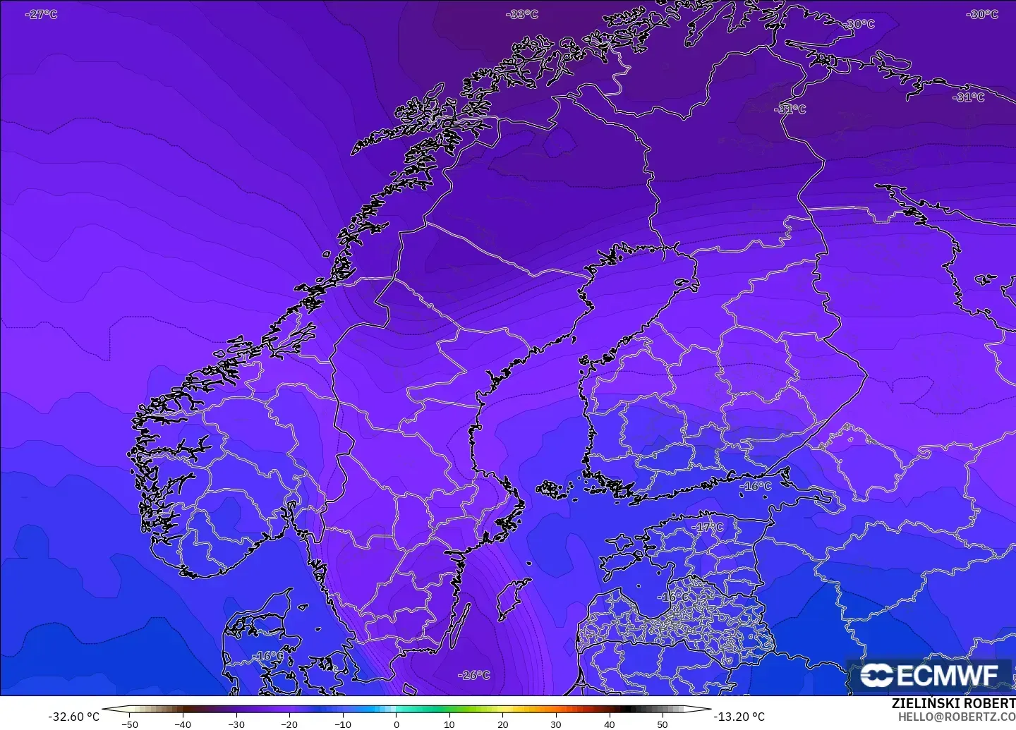 ECMWF IFS 0.25° modelo - Escandinavia, Temperatura a 500 hPa