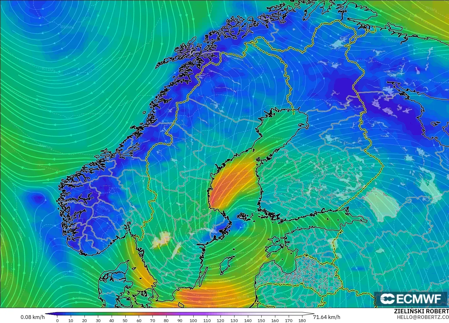 ECMWF IFS 0.25° modelo - Escandinavia, Viento a 10 m