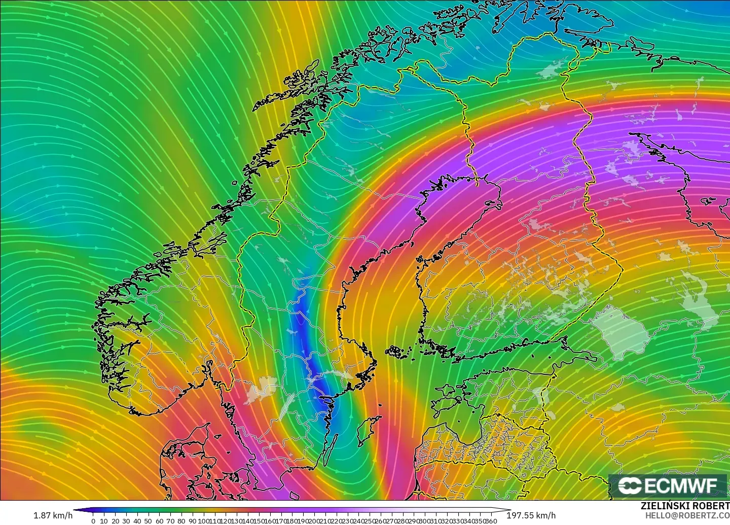 ECMWF IFS 0.25° modelo - Escandinavia, Viento a 300 hPa (corriente en chorro)