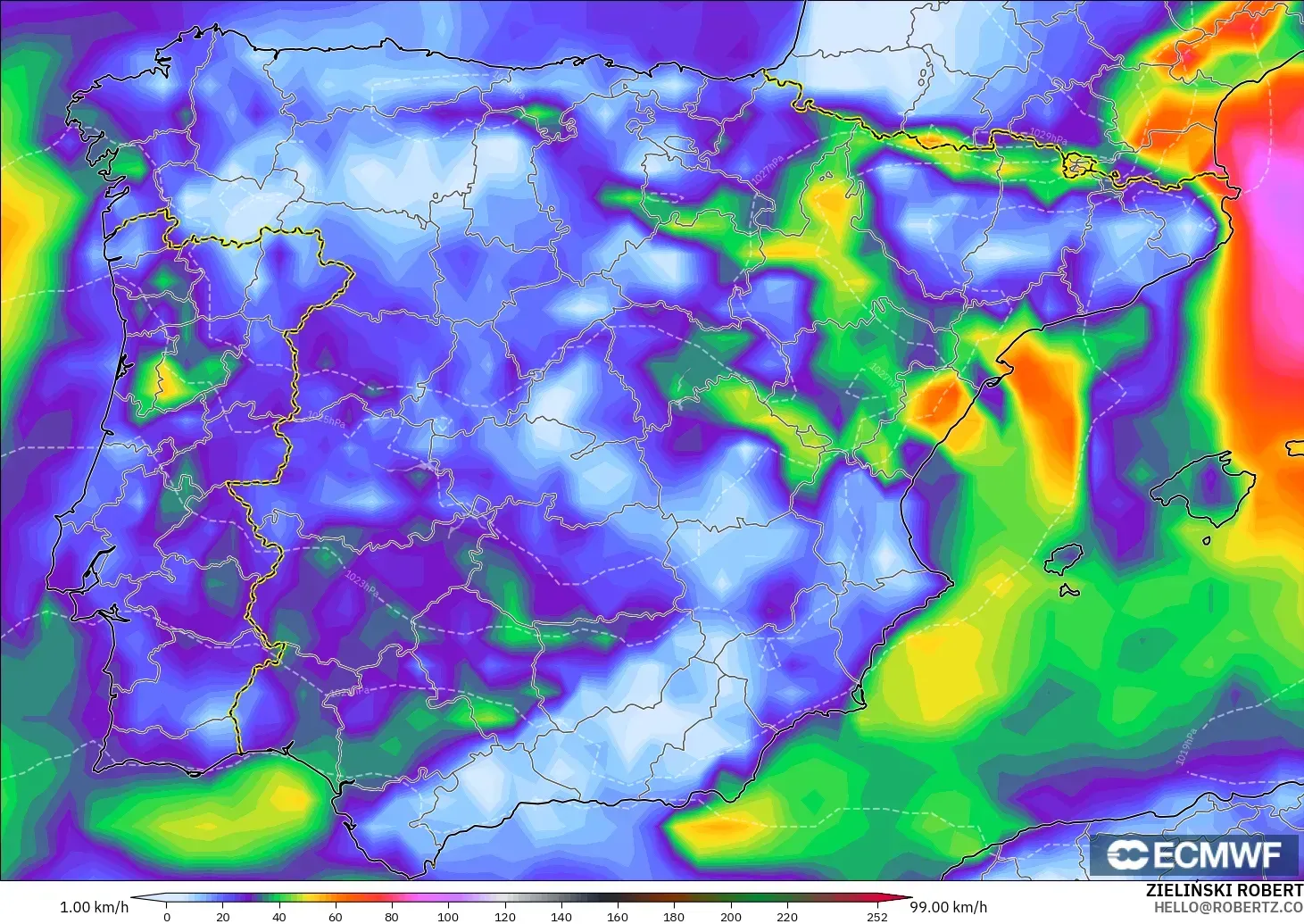 ECMWF IFS 0.25° modelo - España, Ráfagas de Viento Máximas