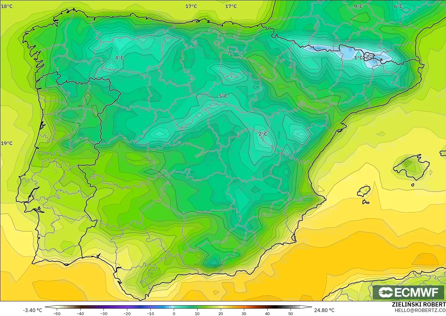 ECMWF IFS 0.25° modelo - España, Temperatura a 2 m