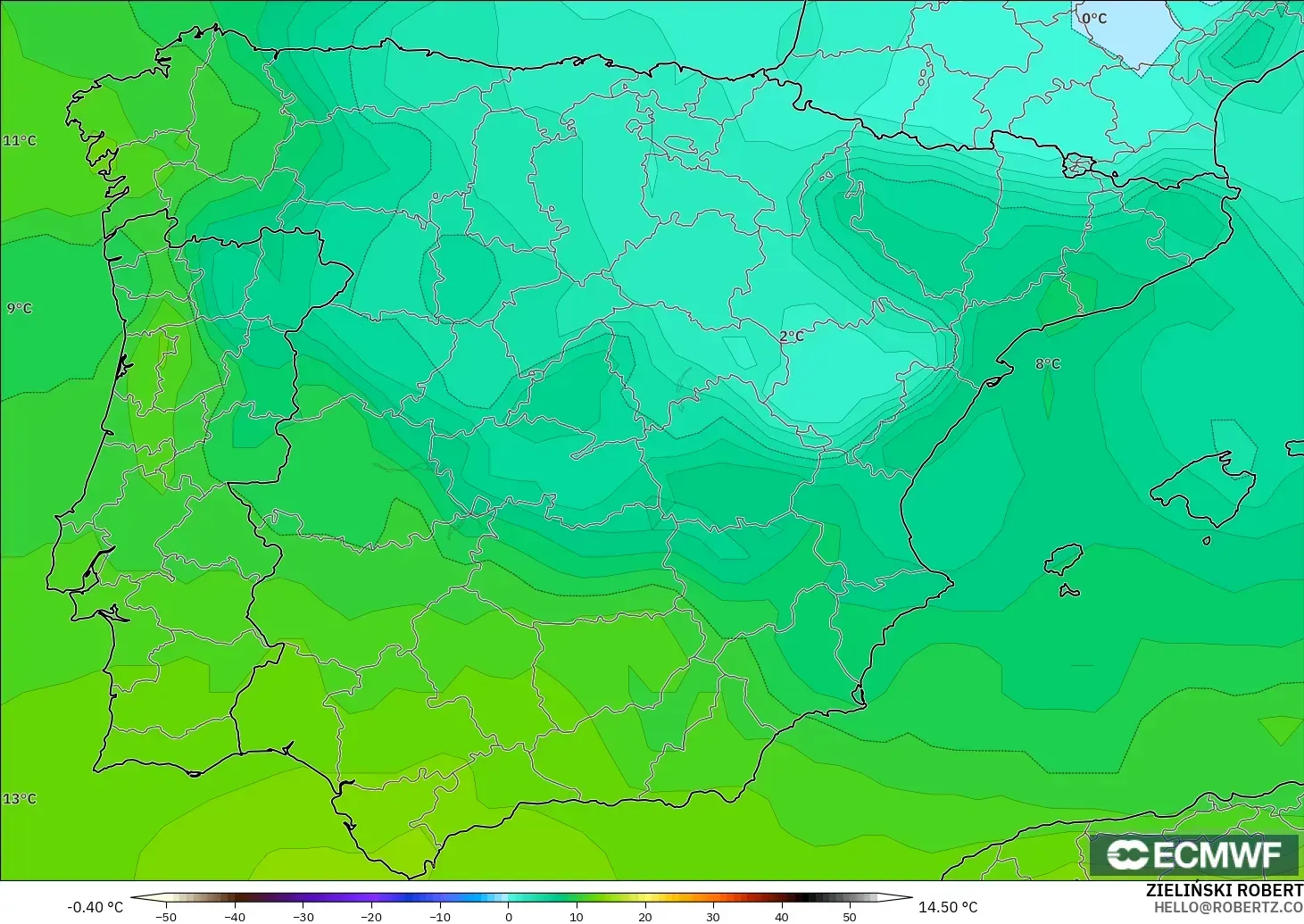 ECMWF IFS 0.25° modelo - España, Temperatura a 850 hPa