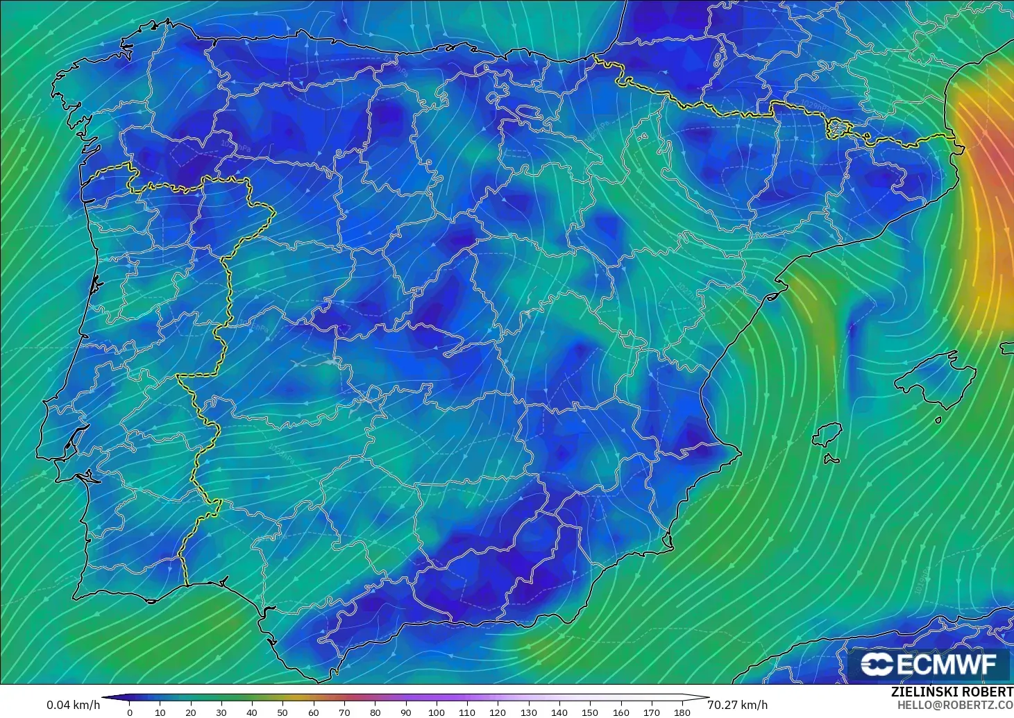 ECMWF IFS 0.25° modelo - España, Viento a 10 m