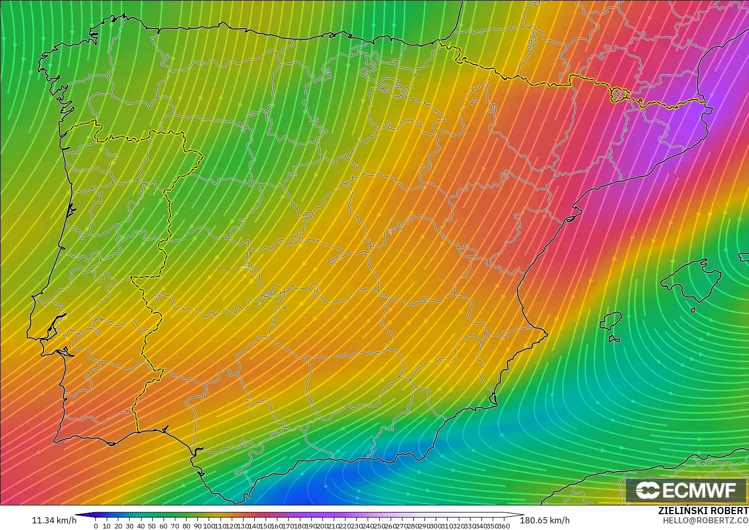 ECMWF IFS 0.25° modelo - España, Viento a 300 hPa (corriente en chorro)
