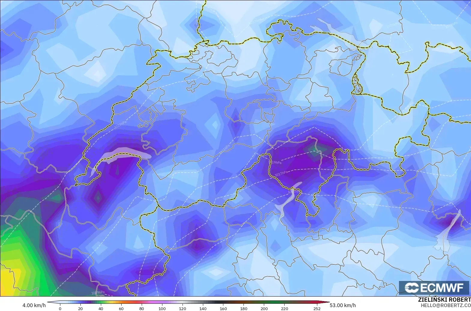 ECMWF IFS 0.25° modelo - Suiza, Ráfagas de viento
