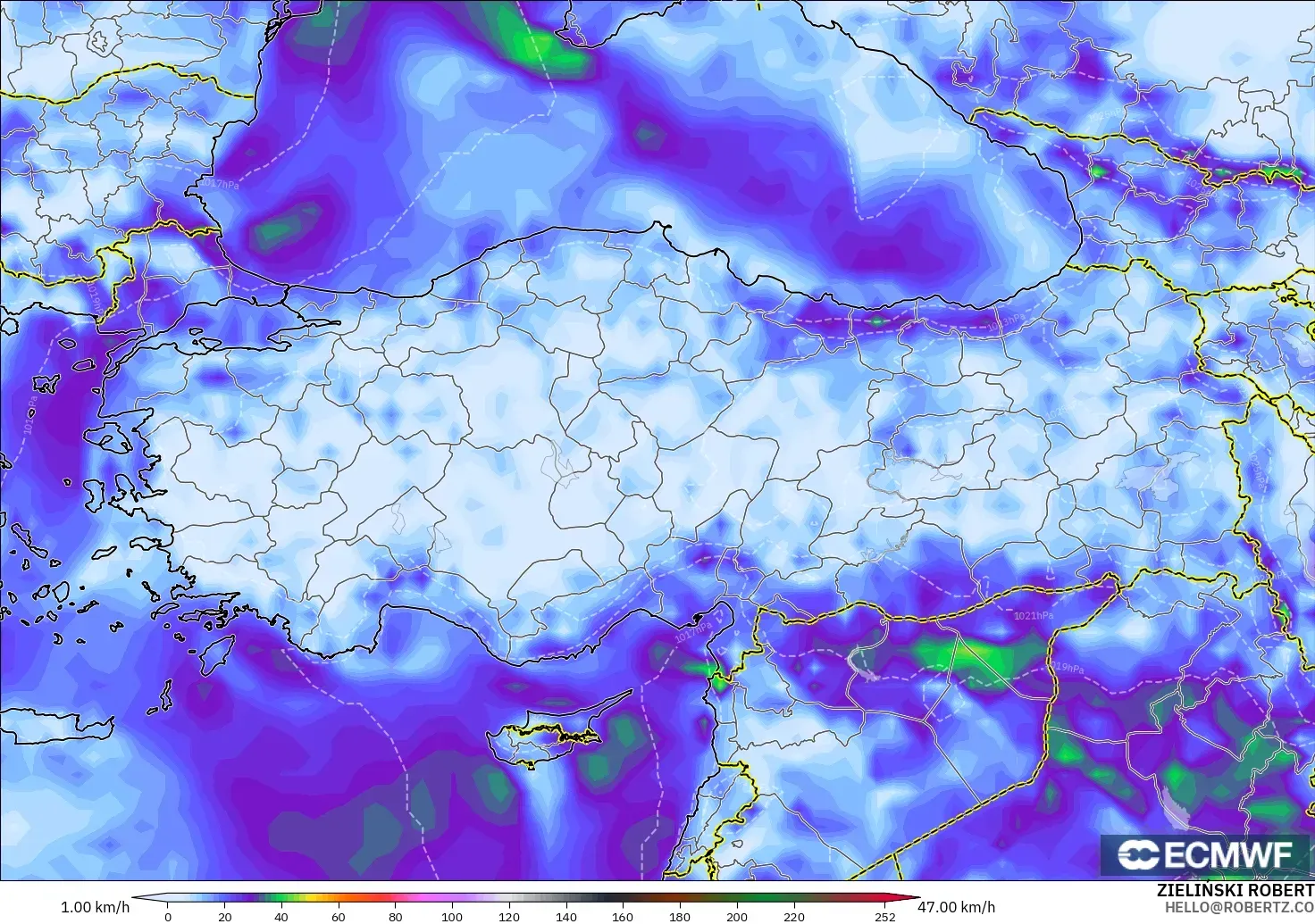 ECMWF IFS 0.25° modelo - Turquía, Ráfagas de Viento Máximas