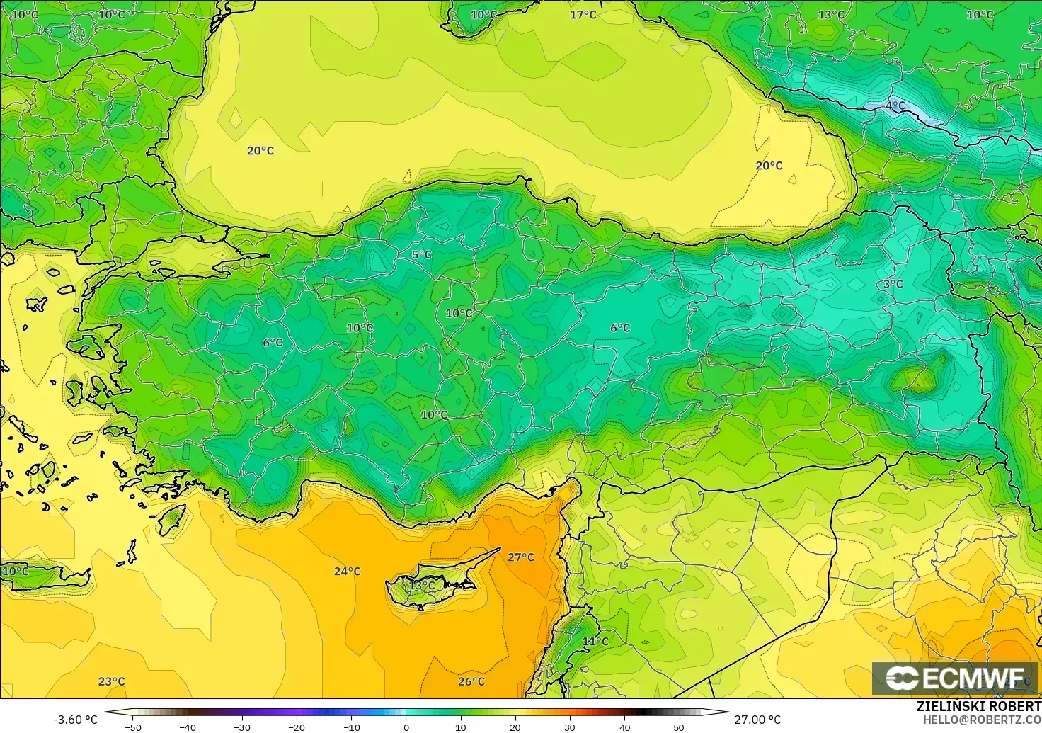 ECMWF IFS 0.25° modelo - Turquía, Temperatura a 2 m
