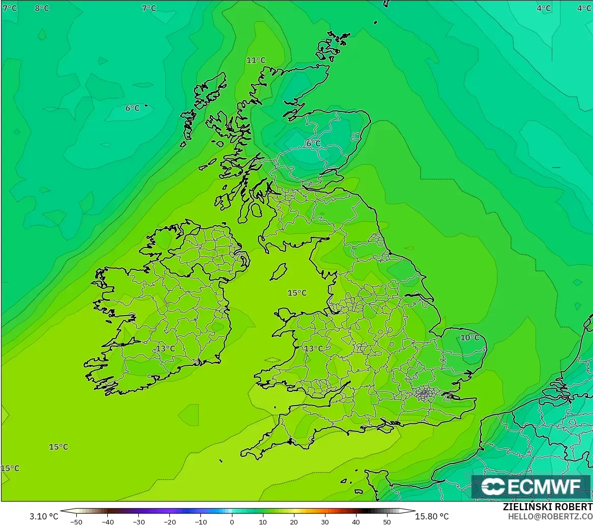 ECMWF IFS 0.25° modelo - Reino Unido, Punto de rocío a 2 m