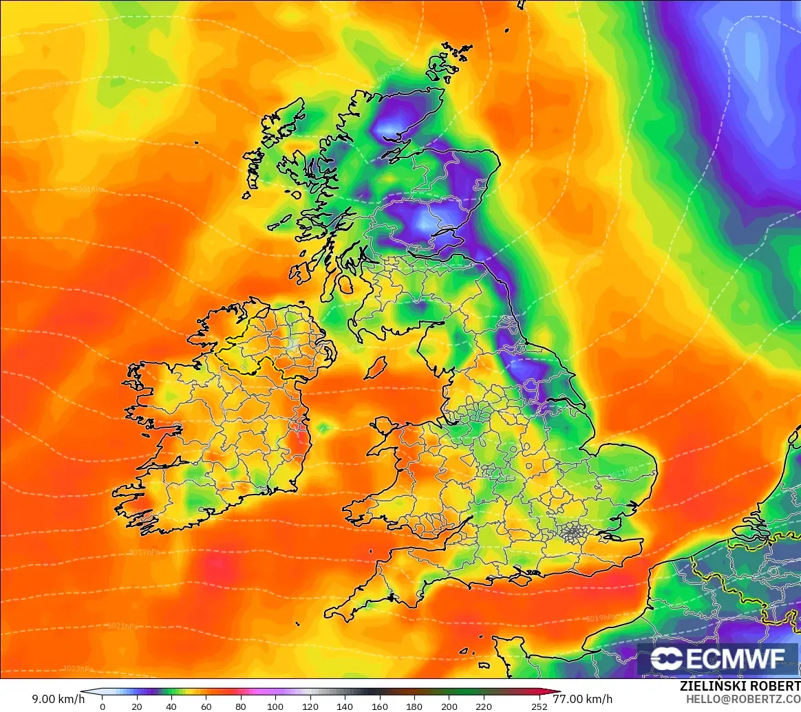 ECMWF IFS 0.25° modelo - Reino Unido, Ráfagas de Viento Máximas