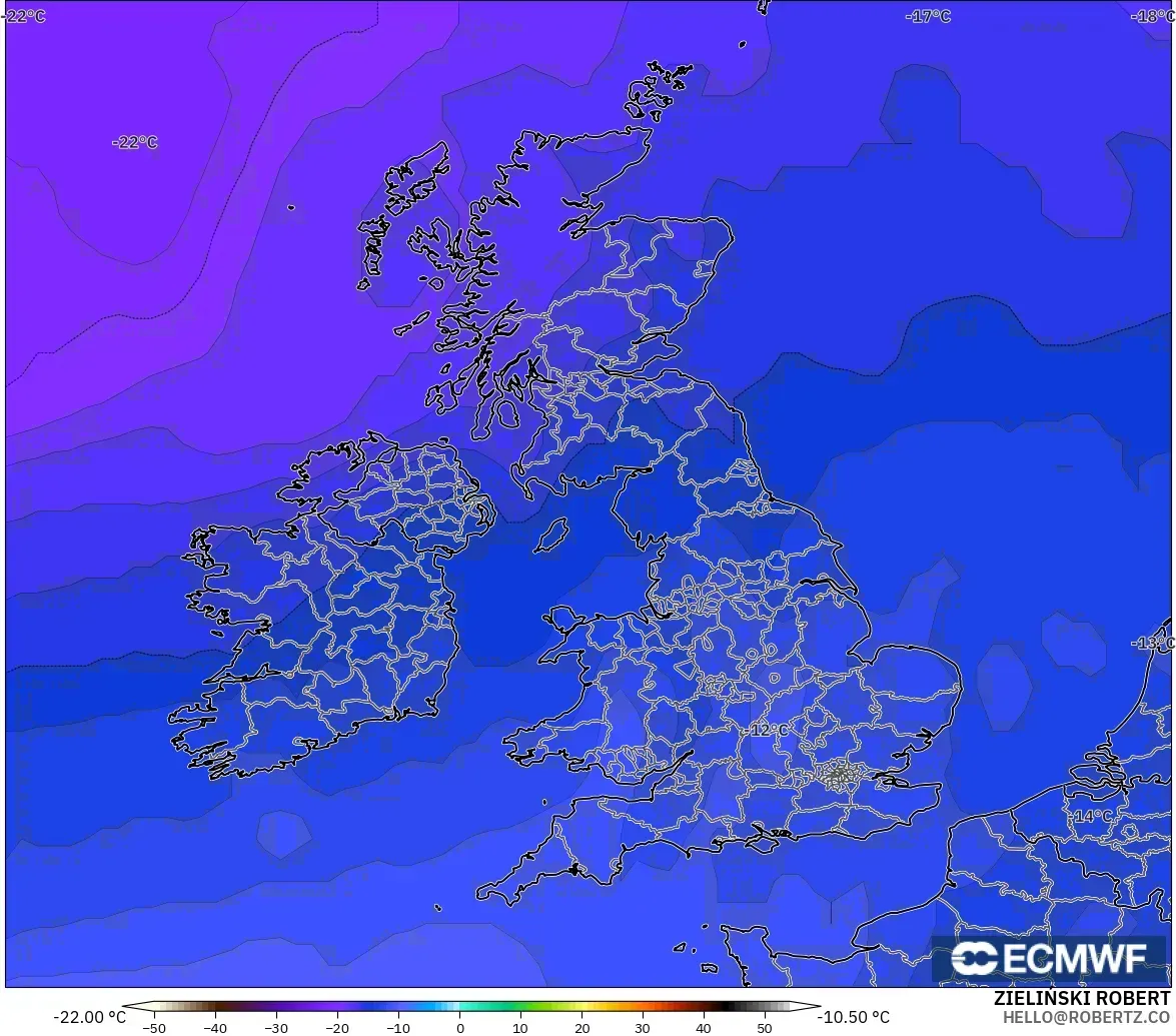 ECMWF IFS 0.25° modelo - Reino Unido, Temperatura a 500 hPa