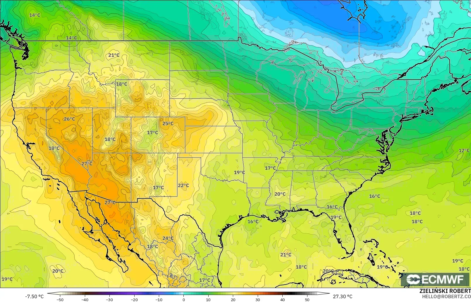 ECMWF IFS 0.25° modelo - Estados Unidos, Temperatura a 850 hPa