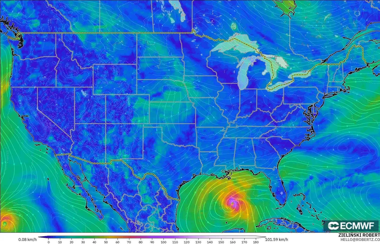 ECMWF IFS 0.25° modelo - Estados Unidos, Viento a 10 m