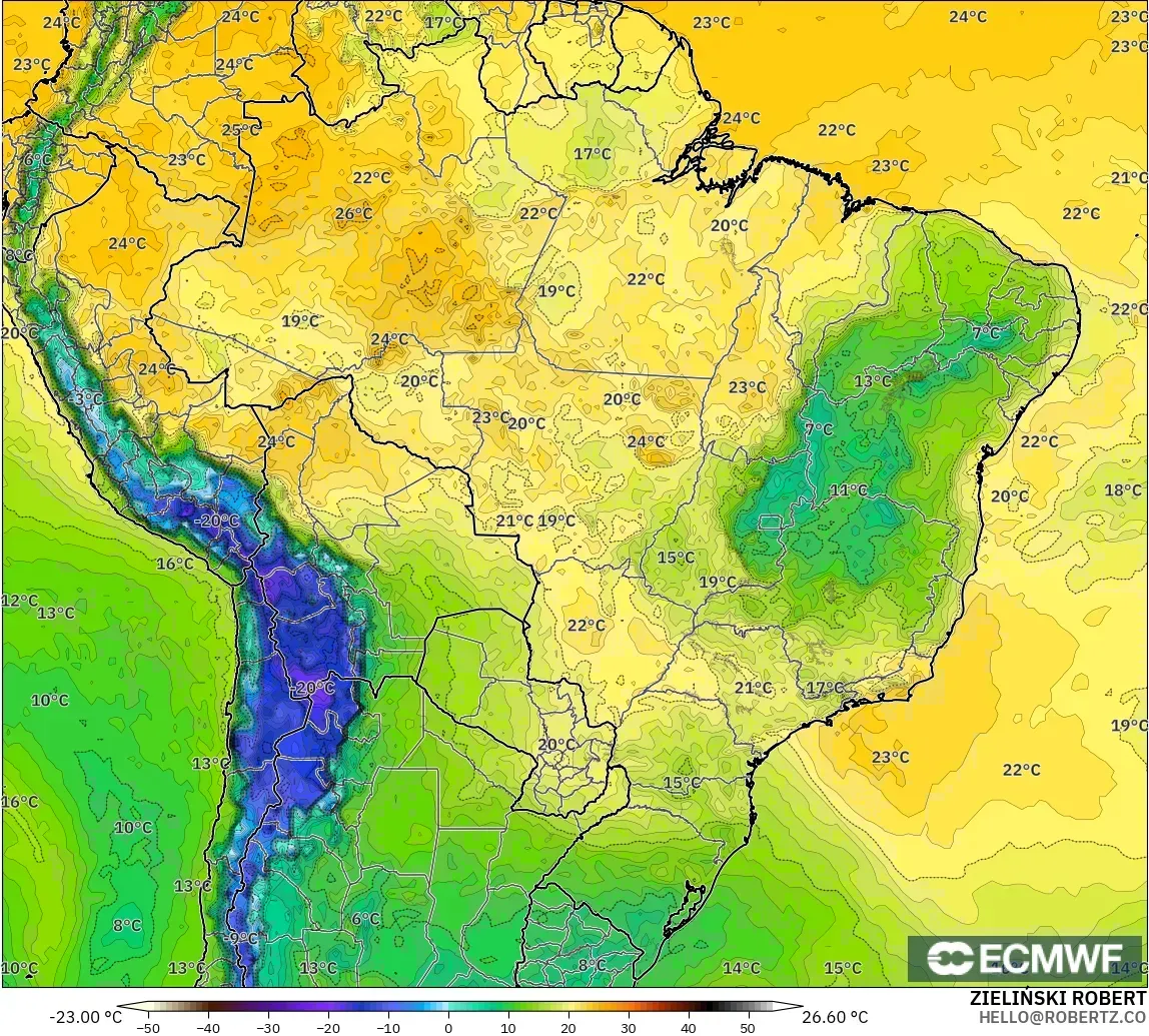 ECMWF IFS 0.25° modelo - Brasil, Punto de rocío a 2 m