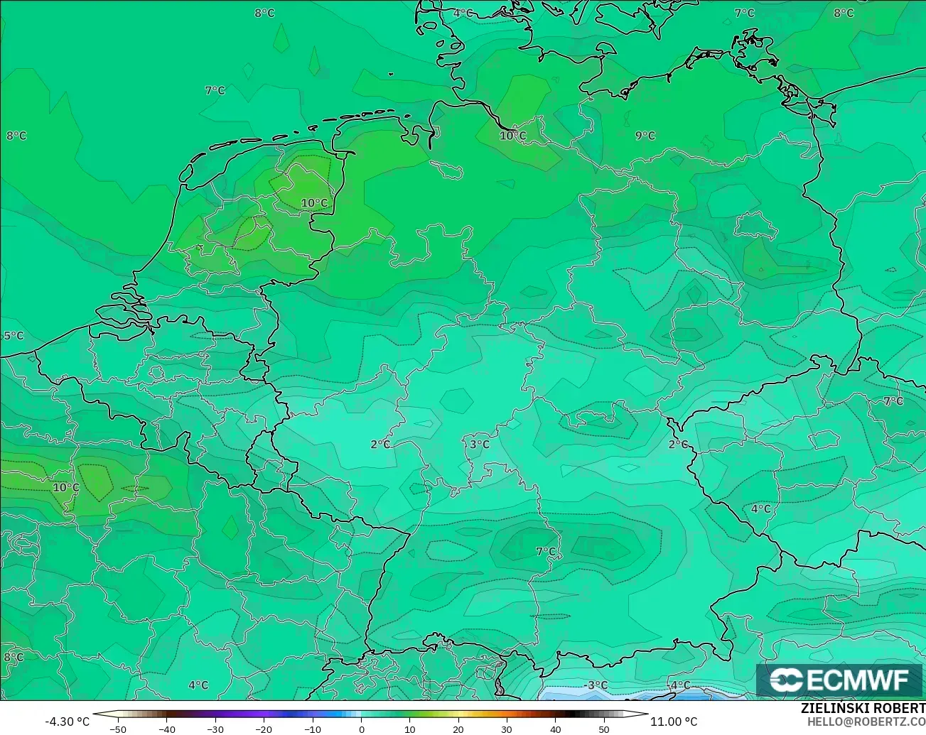 ECMWF IFS 0.25° modelo - Alemania, Punto de rocío a 2 m