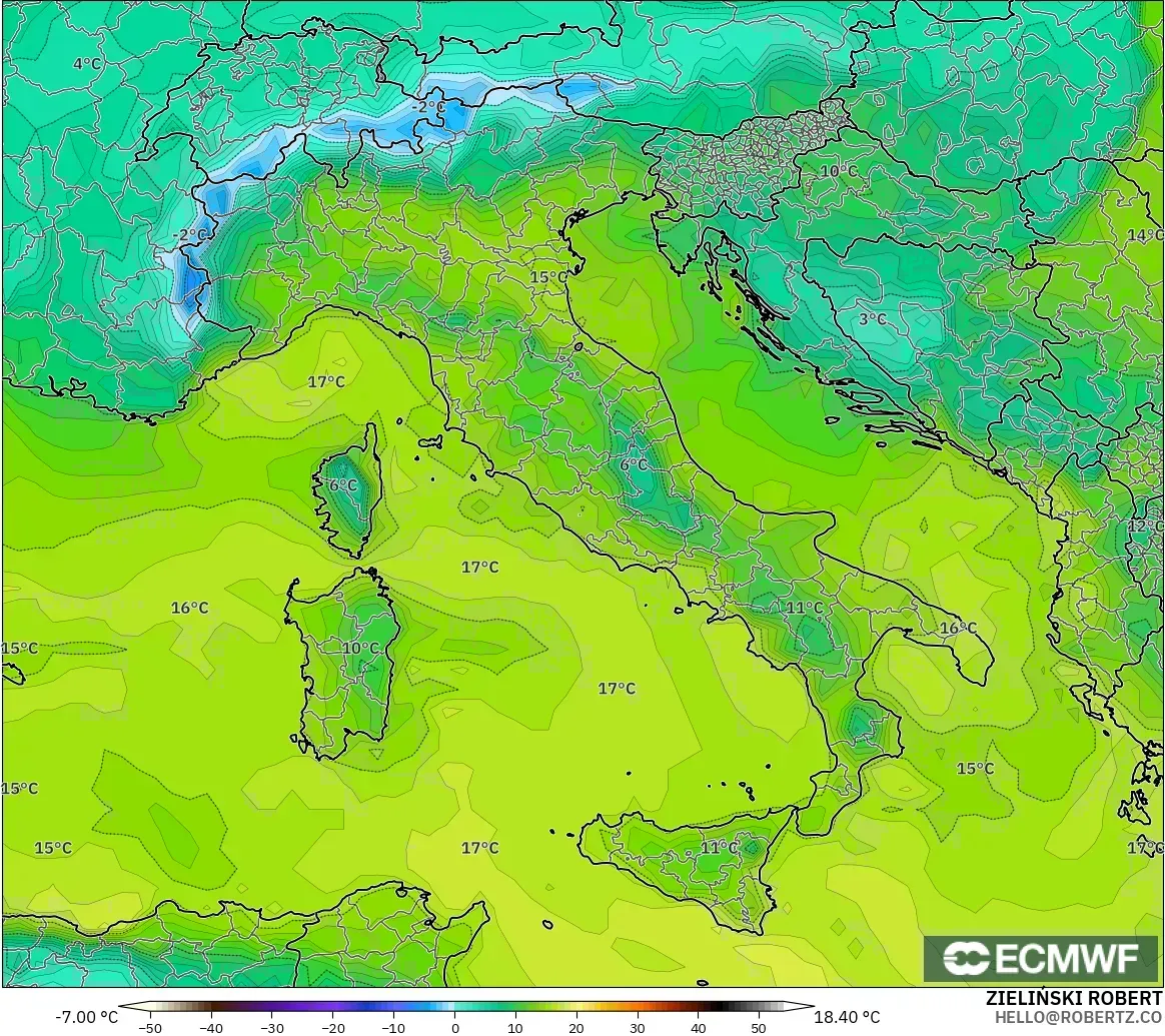 ECMWF IFS 0.25° modelo - Italia, Punto de rocío a 2 m