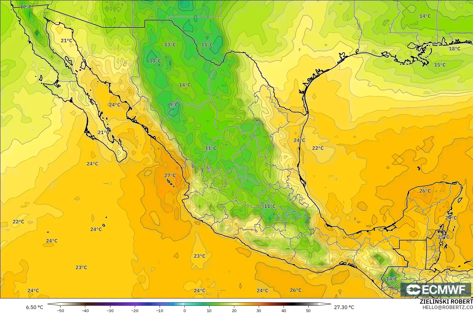 ECMWF IFS 0.25° modelo - México, Punto de rocío a 2 m