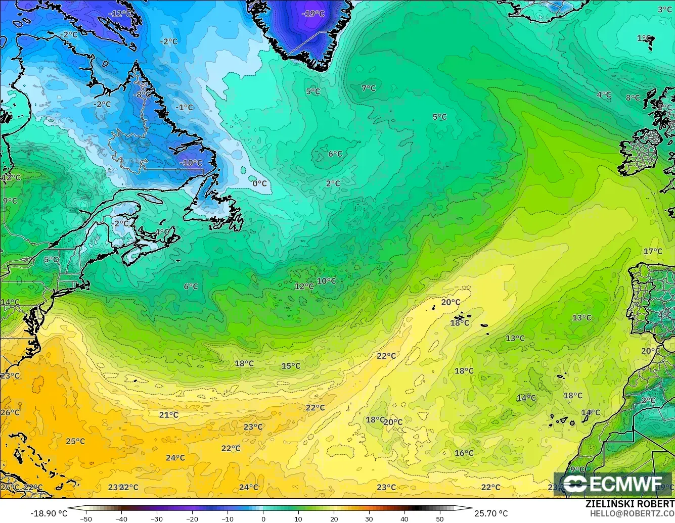 ECMWF IFS 0.25° modelo - Norte Atlántico, Punto de rocío a 2 m