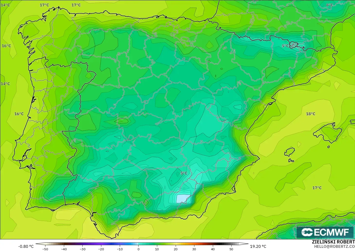 ECMWF IFS 0.25° modelo - España, Punto de rocío a 2 m