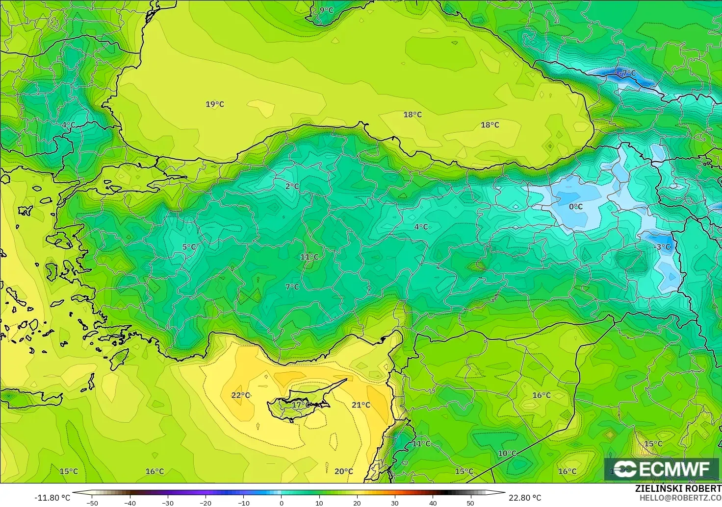 ECMWF IFS 0.25° modelo - Turquía, Punto de rocío a 2 m