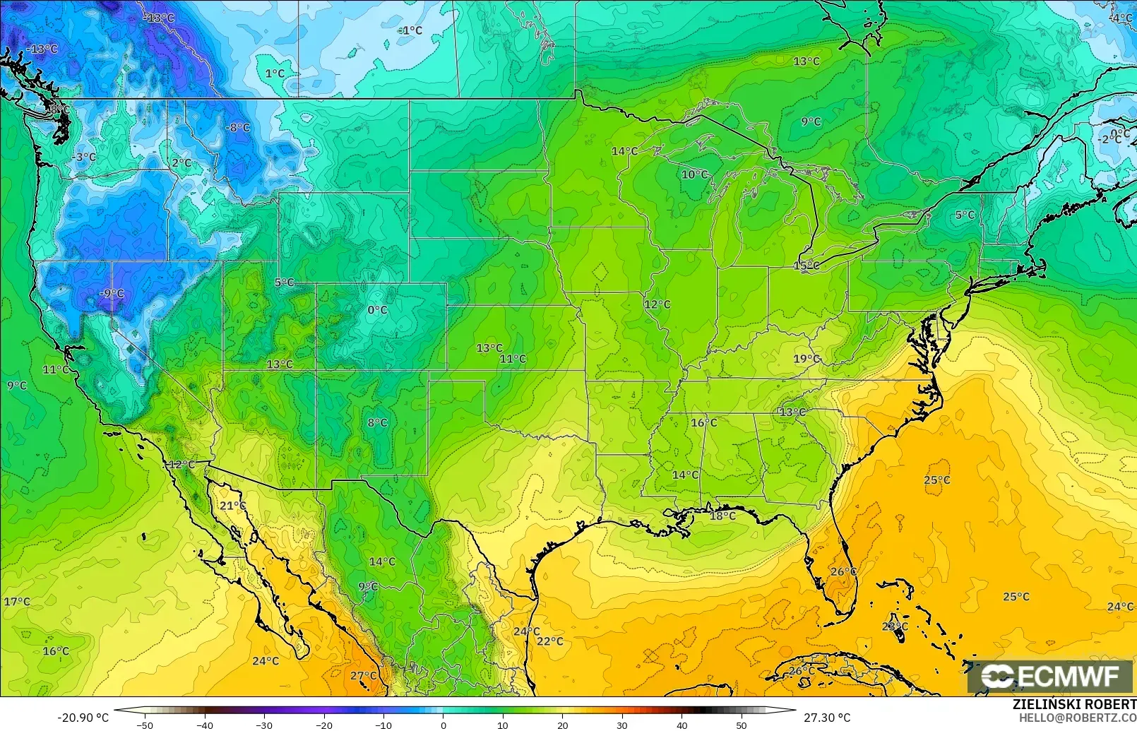 ECMWF IFS 0.25° modelo - Estados Unidos, Punto de rocío a 2 m