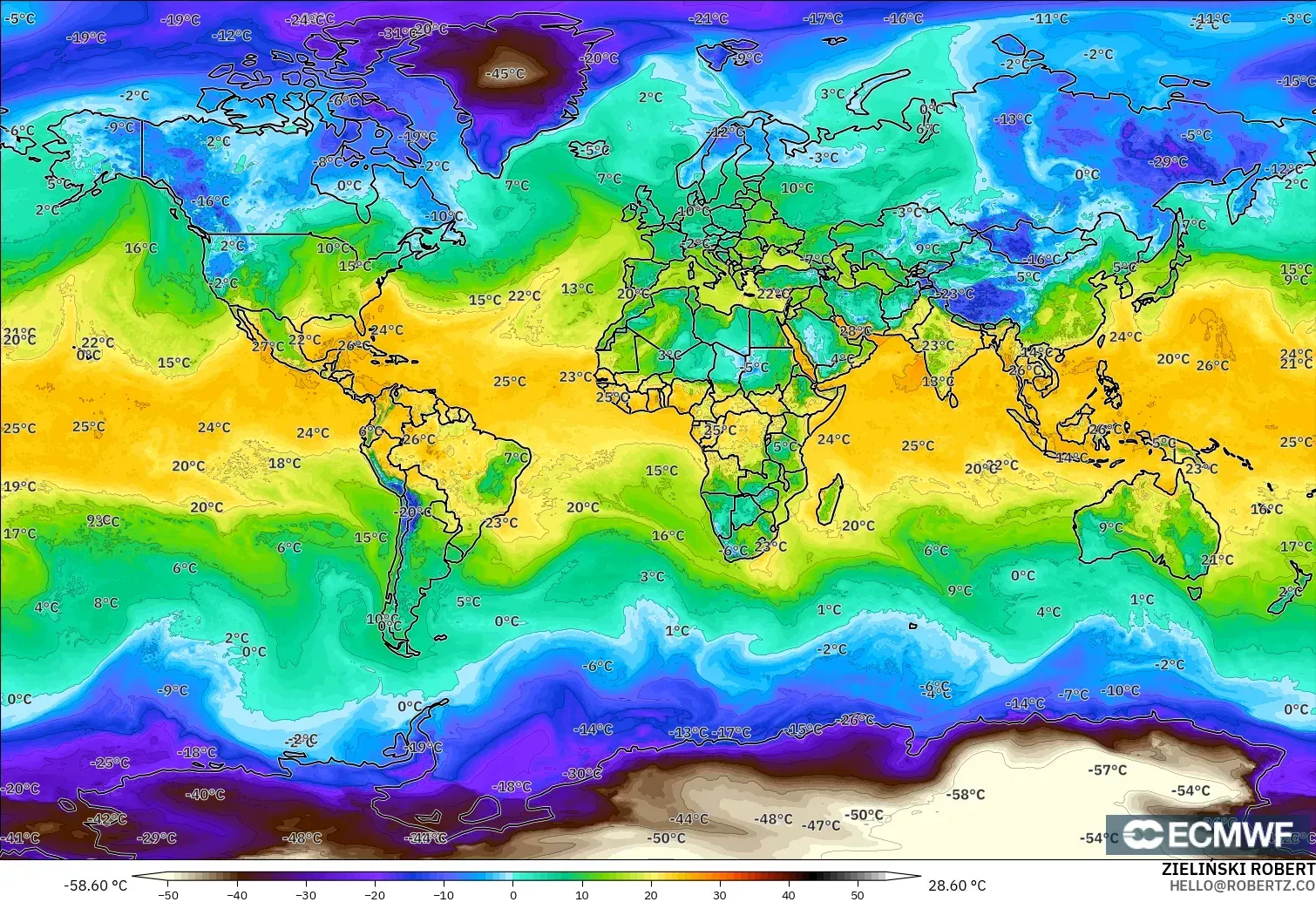 ECMWF IFS 0.25° modelo - Mundo, Punto de rocío a 2 m