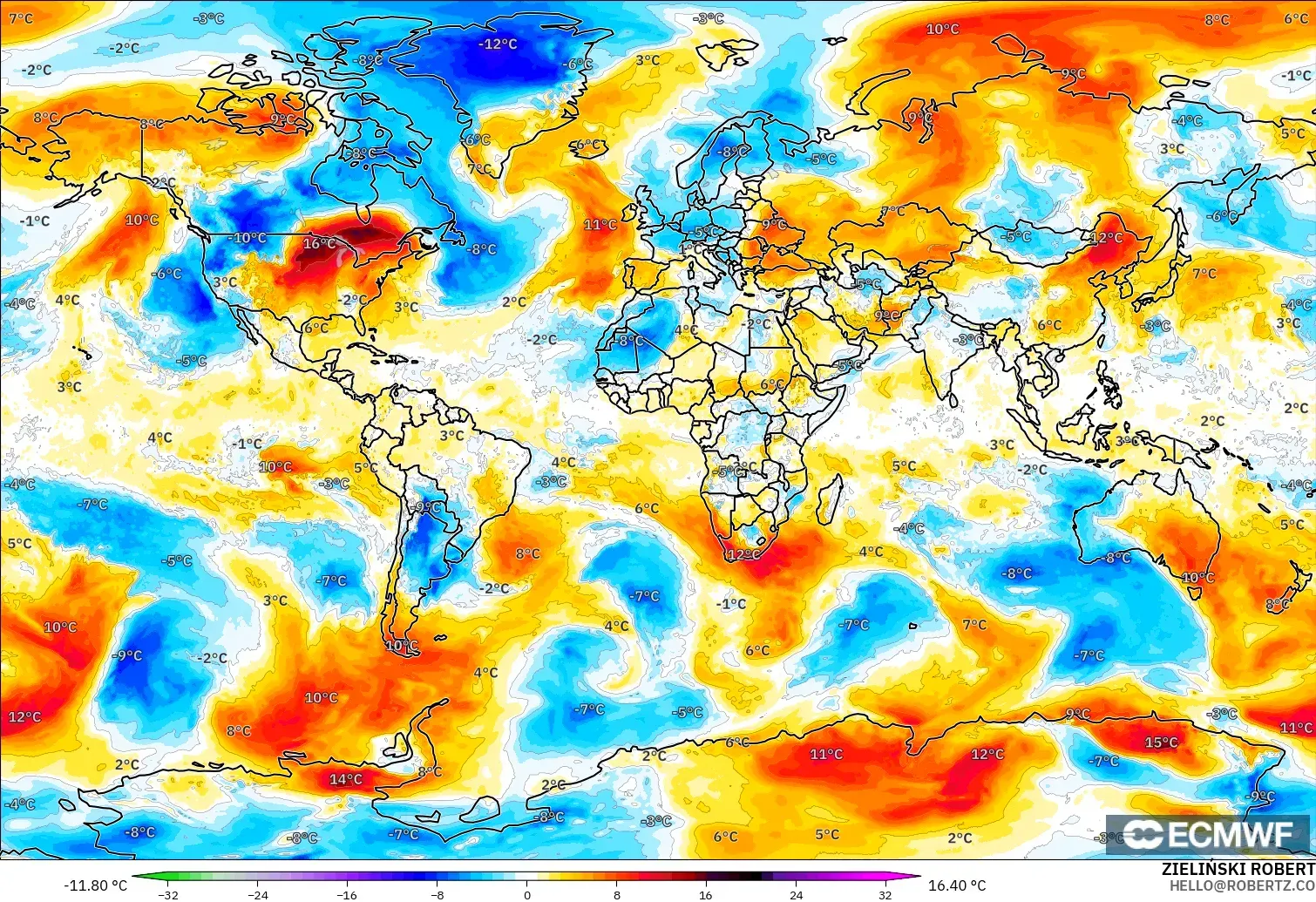 ECMWF IFS 0.25° modelo - Mundo, Anomalía de temperatura a 850 hPa