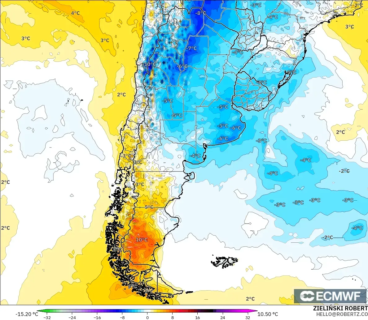 ECMWF IFS 0.25° modelo - Argentina, Anomalía de temperatura a 2 m