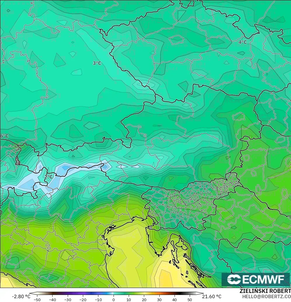 ECMWF IFS 0.25° modelo - Austria, Temperatura a 2 m