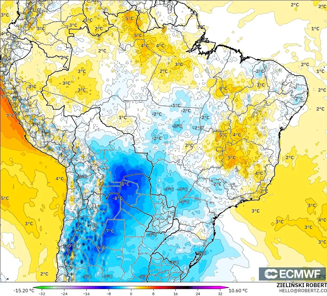 ECMWF IFS 0.25° modelo - Brasil, Anomalía de temperatura a 2 m