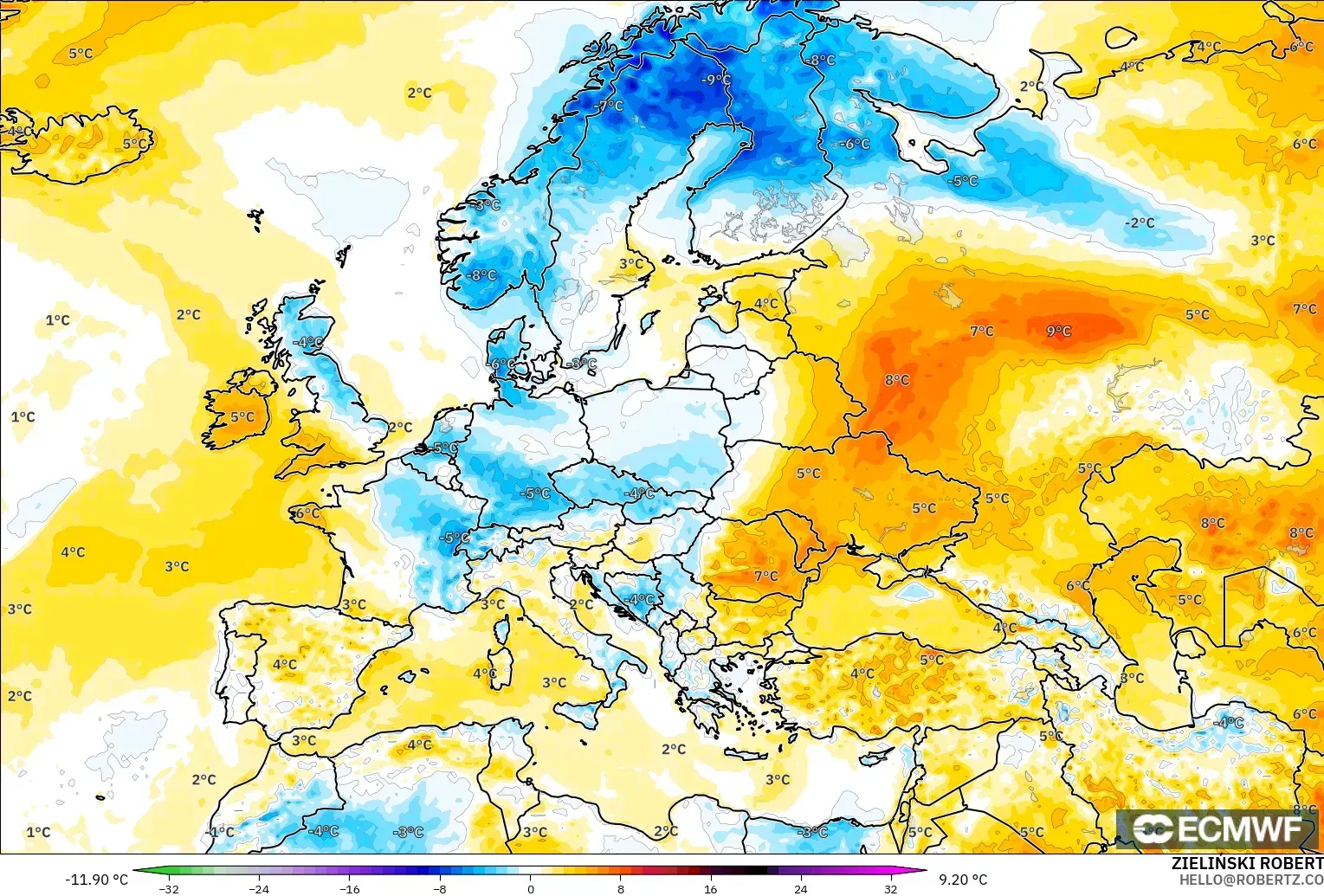 ECMWF IFS 0.25° modelo - Europa, Anomalía de temperatura a 2 m