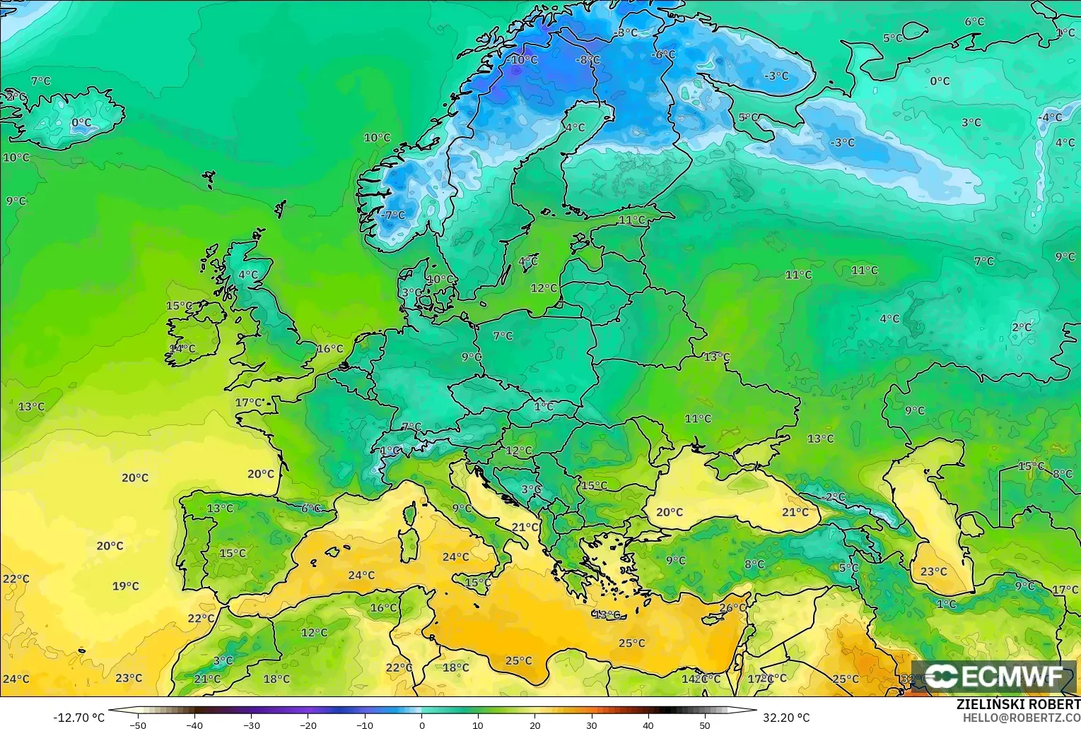 ECMWF IFS 0.25° modelo - Europa, Temperatura a 2 m