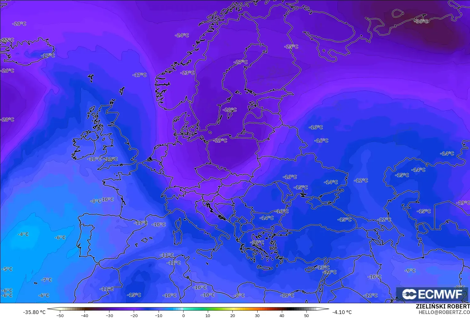 ECMWF IFS 0.25° modelo - Europa, Temperatura a 500 hPa