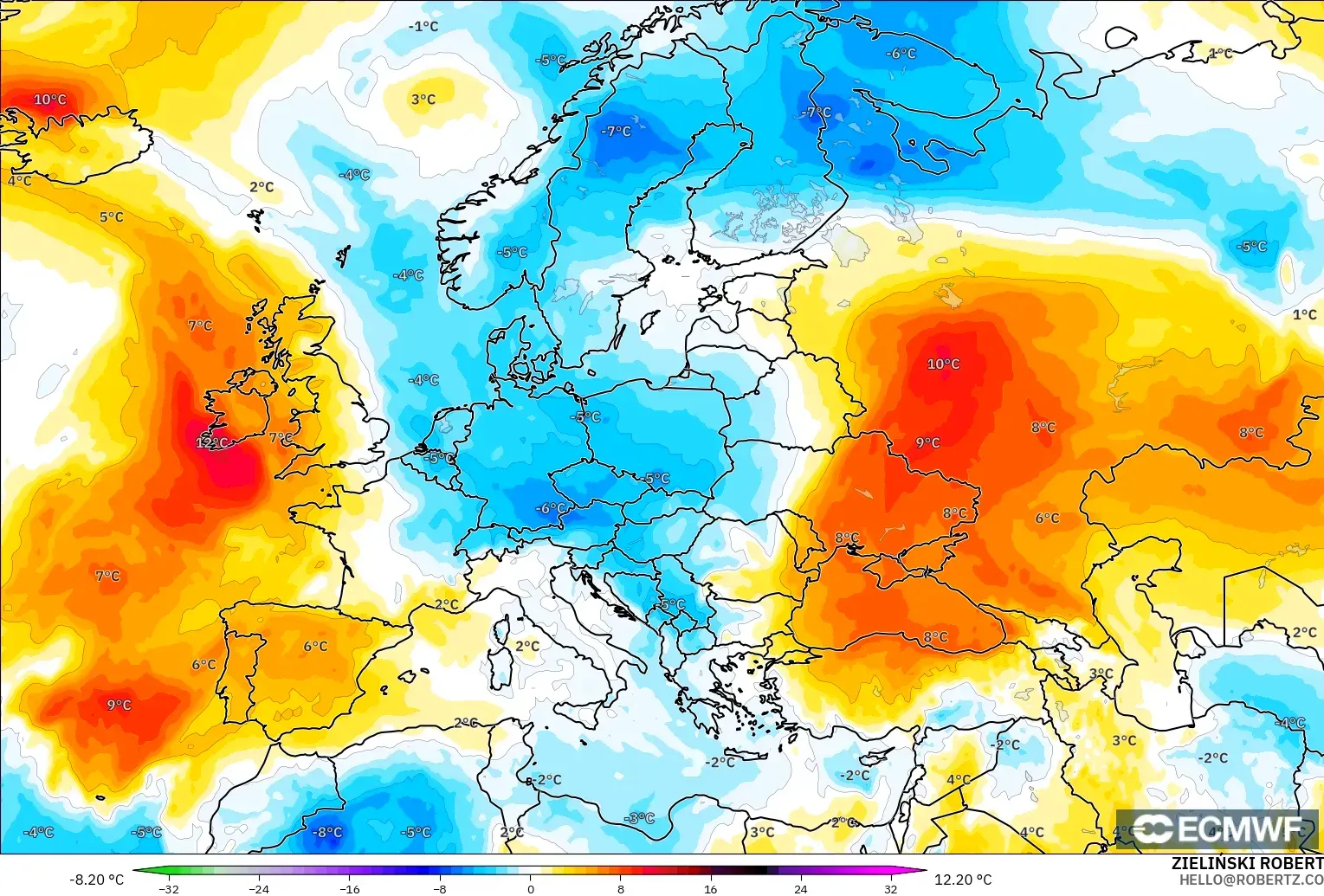 ECMWF IFS 0.25° modelo - Europa, Anomalía de temperatura a 850 hPa