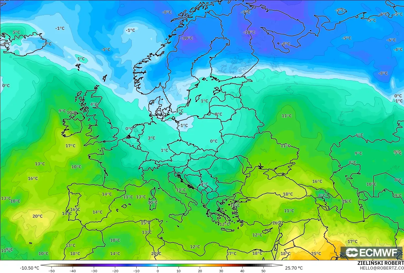 ECMWF IFS 0.25° modelo - Europa, Temperatura a 850 hPa
