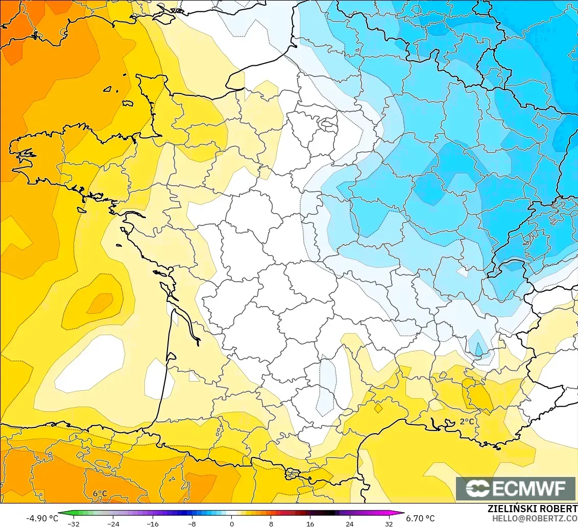 ECMWF IFS 0.25° modelo - Francia, Anomalía de temperatura a 850 hPa