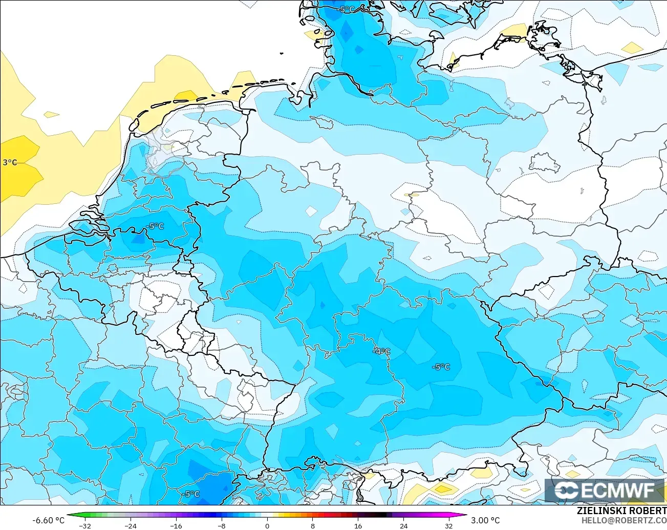 ECMWF IFS 0.25° modelo - Alemania, Anomalía de temperatura a 2 m