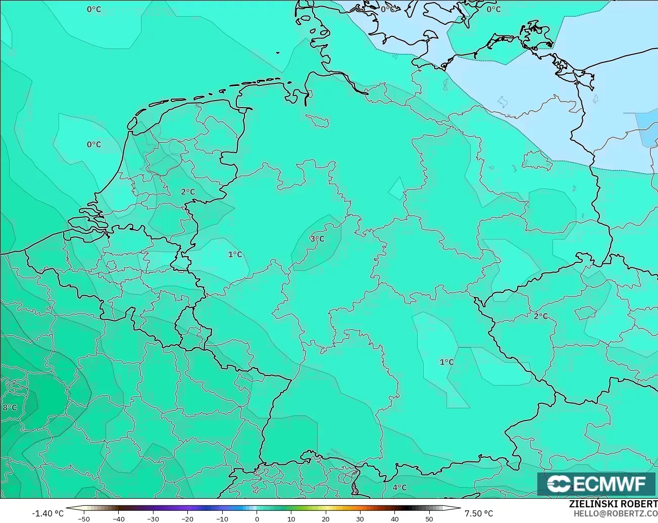 ECMWF IFS 0.25° modelo - Alemania, Temperatura a 850 hPa
