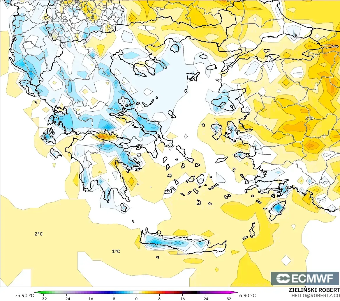 ECMWF IFS 0.25° modelo - Grecia, Anomalía de temperatura a 2 m