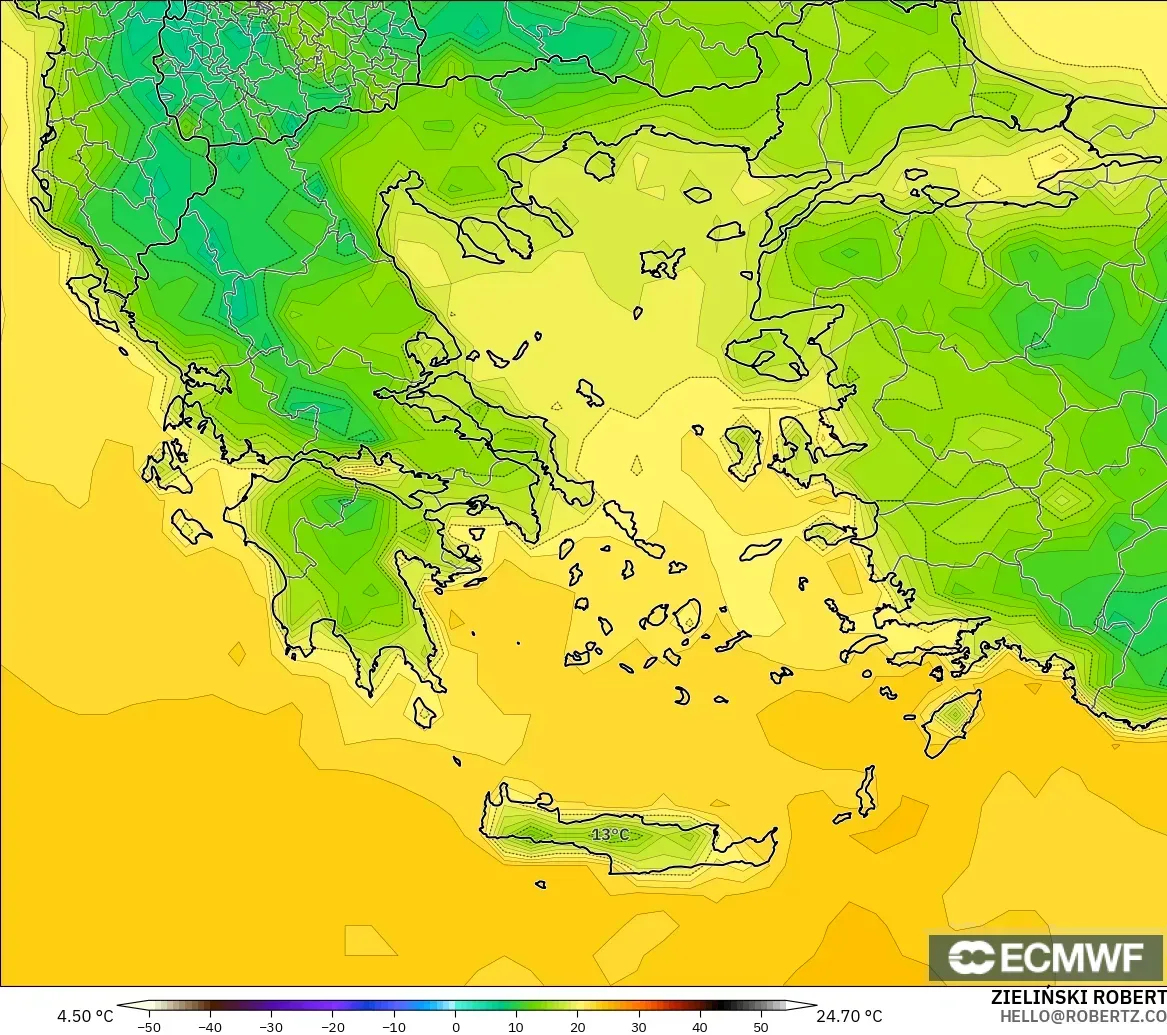 ECMWF IFS 0.25° modelo - Grecia, Temperatura a 2 m