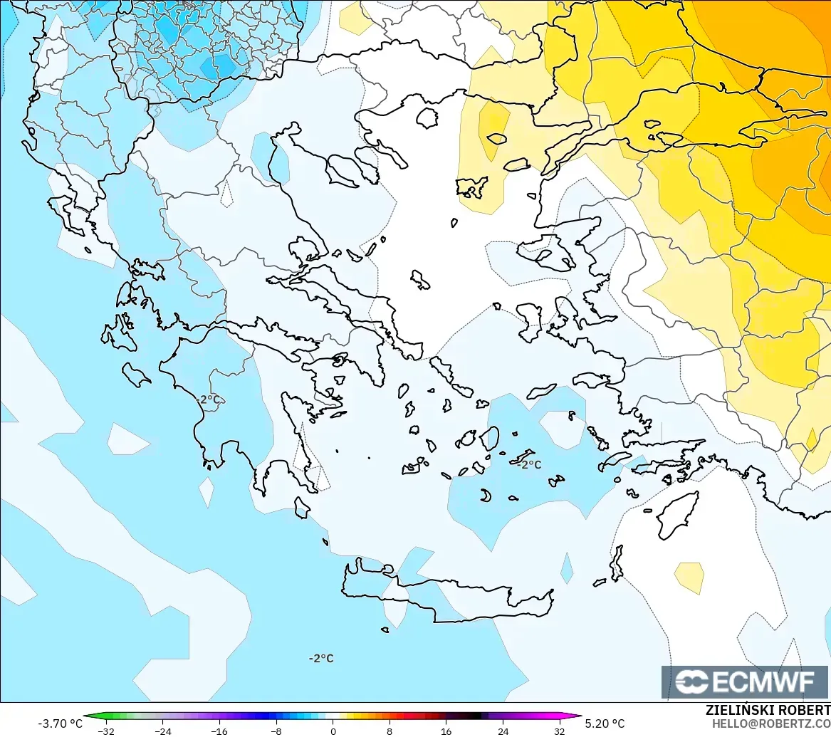 ECMWF IFS 0.25° modelo - Grecia, Anomalía de temperatura a 850 hPa