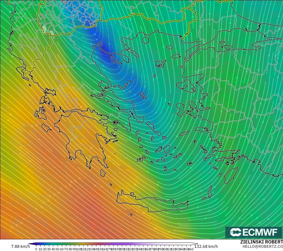 ECMWF IFS 0.25° modelo - Grecia, Viento a 300 hPa (corriente en chorro)