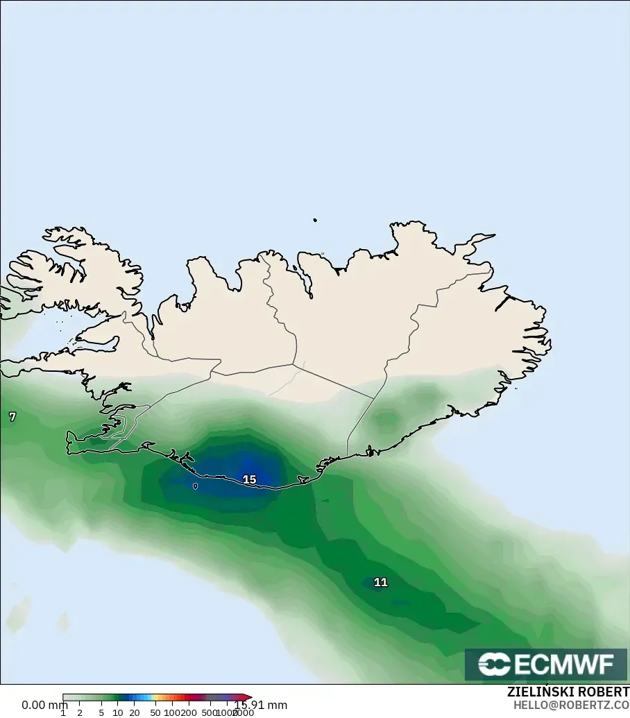 ECMWF IFS 0.25° modelo - Islandia, Acumulación de precipitación