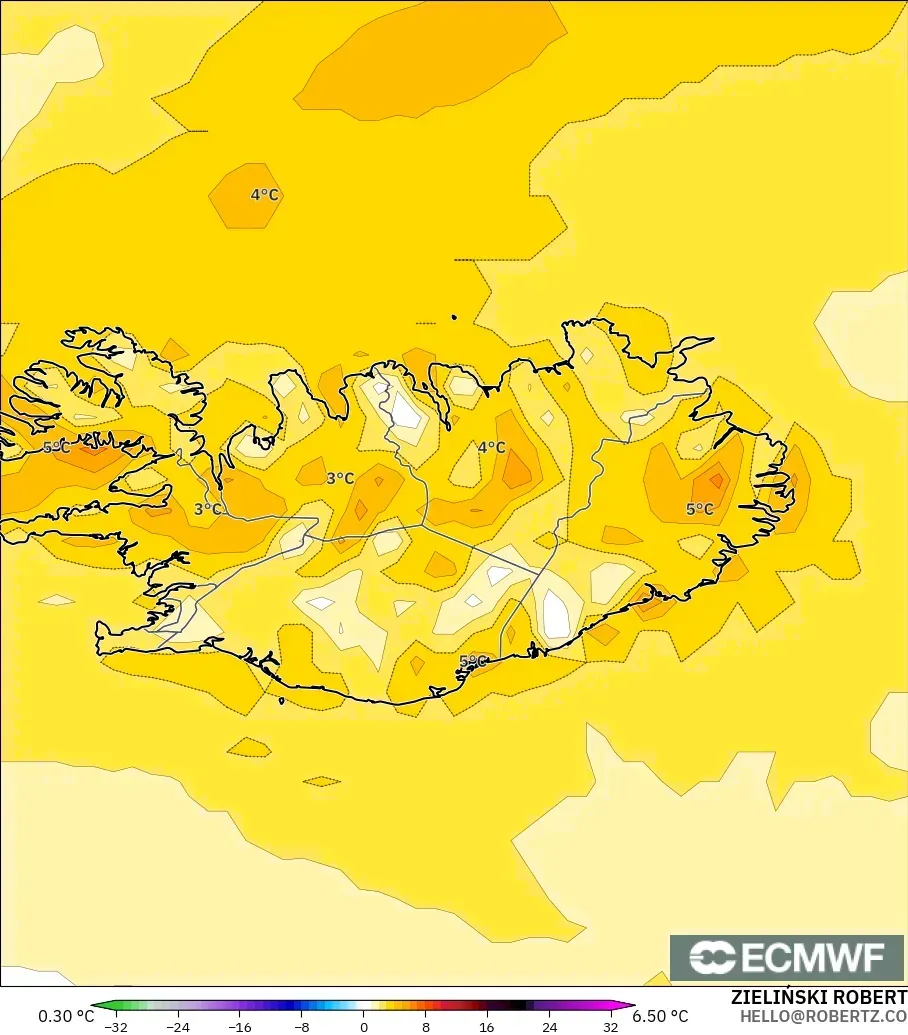 ECMWF IFS 0.25° modelo - Islandia, Anomalía de temperatura a 2 m