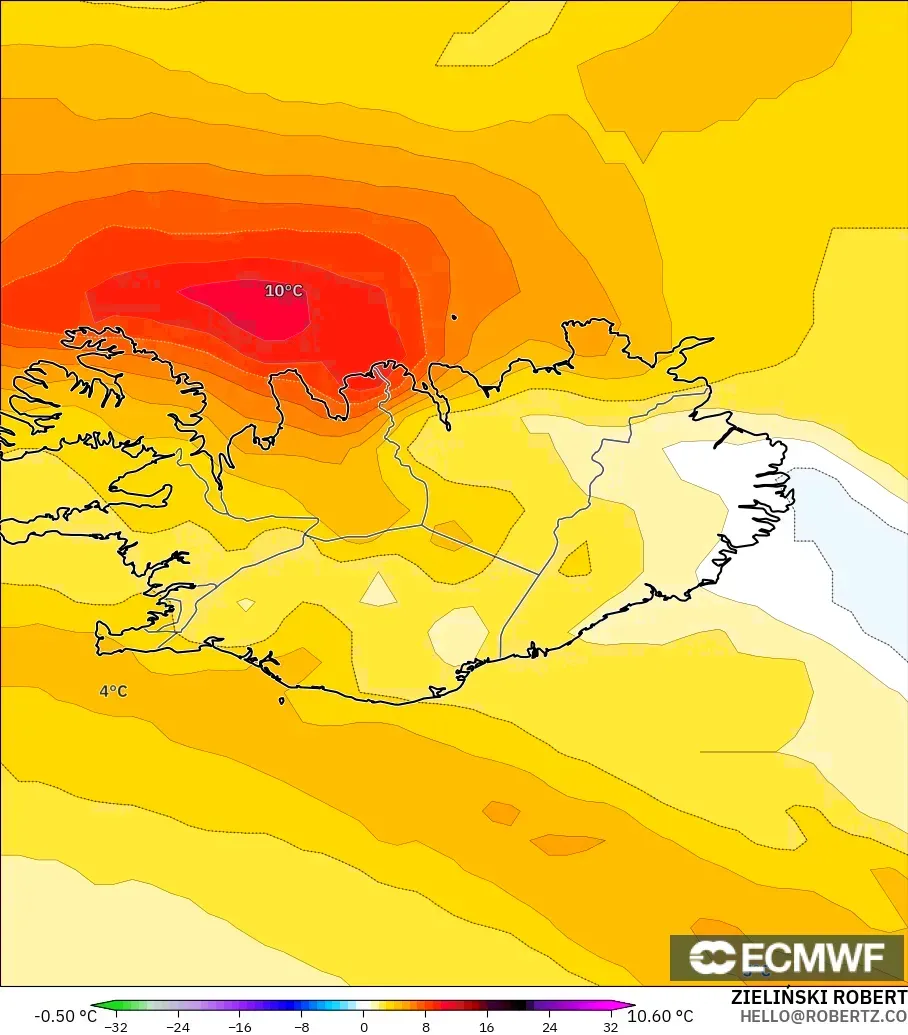 ECMWF IFS 0.25° modelo - Islandia, Anomalía de temperatura a 850 hPa