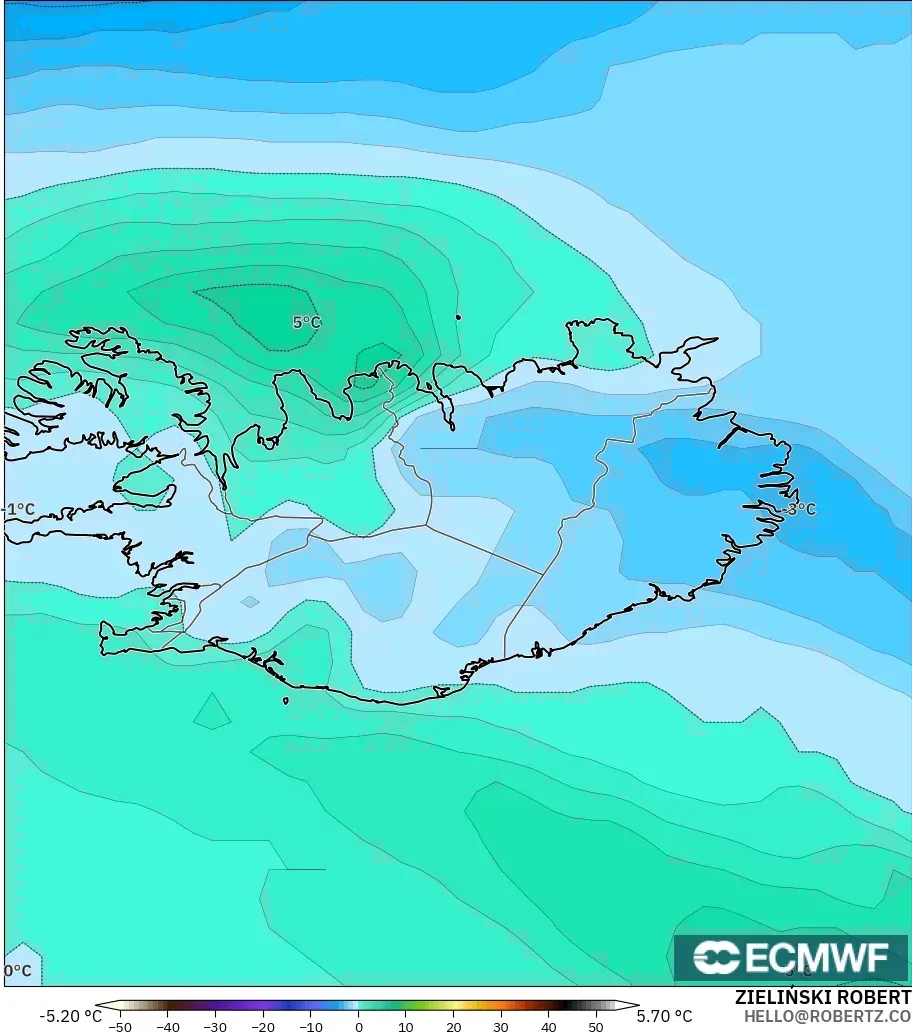 ECMWF IFS 0.25° modelo - Islandia, Temperatura a 850 hPa